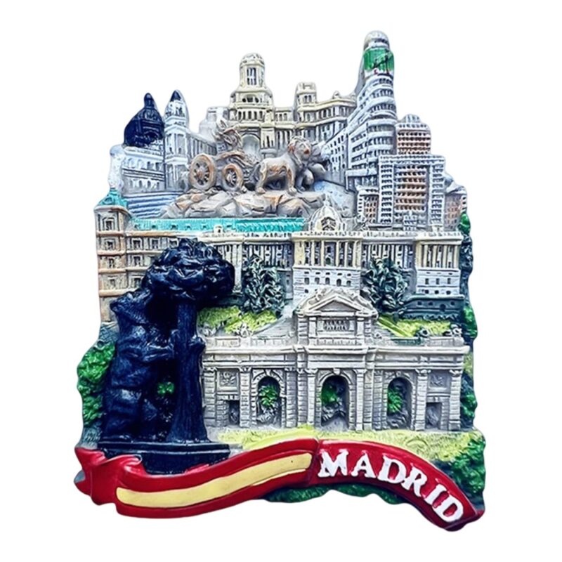 madrid spain fridge magnet – city landmark collage with flag ribbon, classic capital travel keepsake