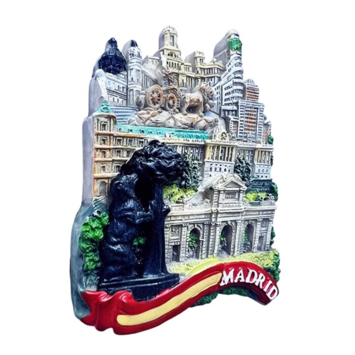 madrid spain fridge magnet – city landmark collage with flag ribbon, classic capital travel keepsake