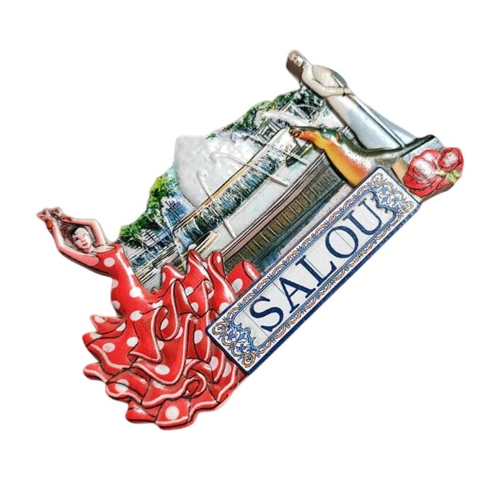 salou spain fridge magnet – flamenco dancer & fountain scene, spanish coastal vacation gift & whiteboard decor