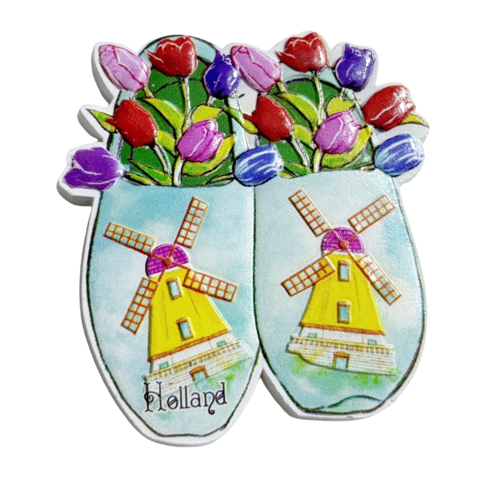 holland fridge magnet – wooden shoes with tulips & windmills travel keepsake