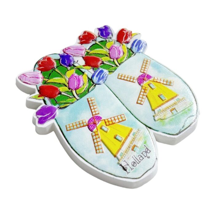 holland fridge magnet – wooden shoes with tulips & windmills travel keepsake