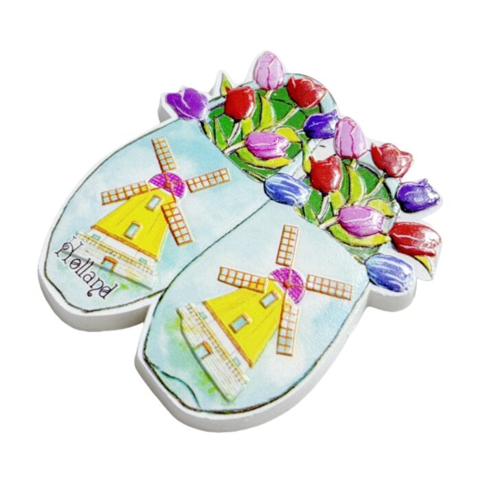 holland fridge magnet – wooden shoes with tulips & windmills travel keepsake
