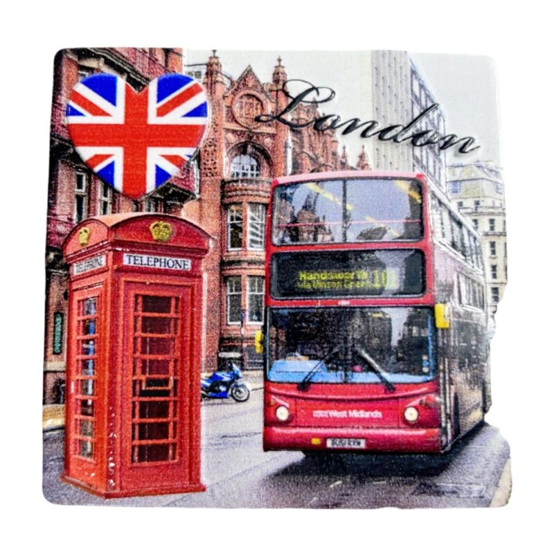 london england fridge magnet – red bus & telephone booth cityscape souvenir