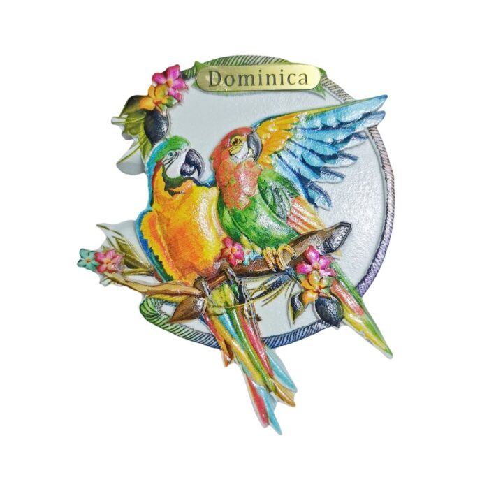 dominica island fridge magnet – colorful birds travel keepsake & tropical decor