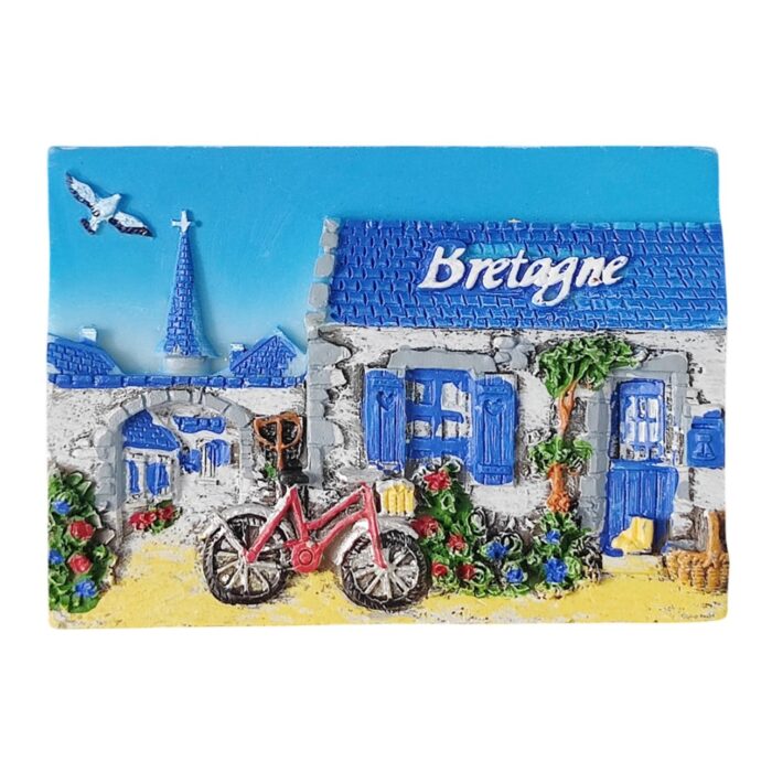 bretagne france fridge magnet – seaside village style travel memento with bicycle & coastal charm