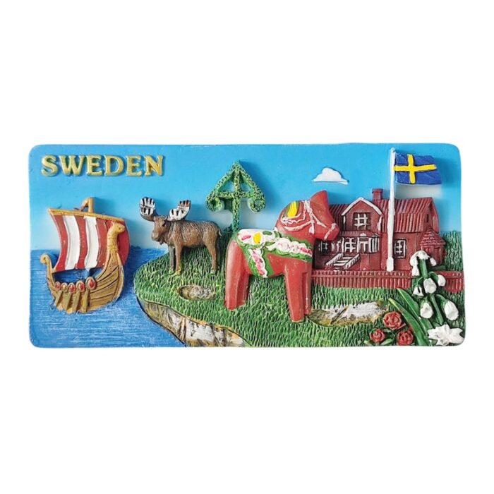 sweden fridge magnet – traditional dala horse, viking ship & moose travel gift for nordic lovers