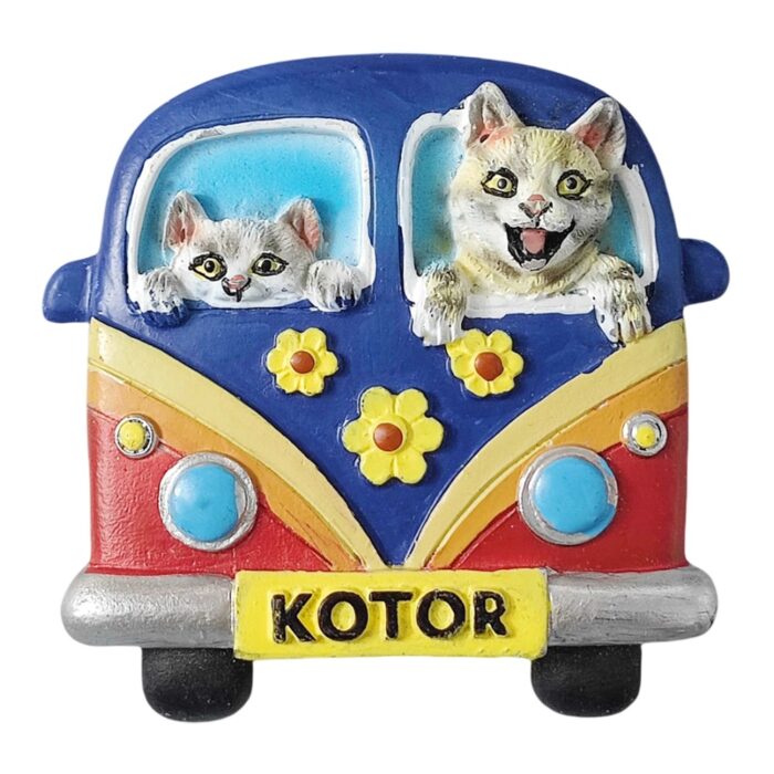 kotor montenegro fridge magnet – cute cats in camper van souvenir for animal lovers & travel decor
