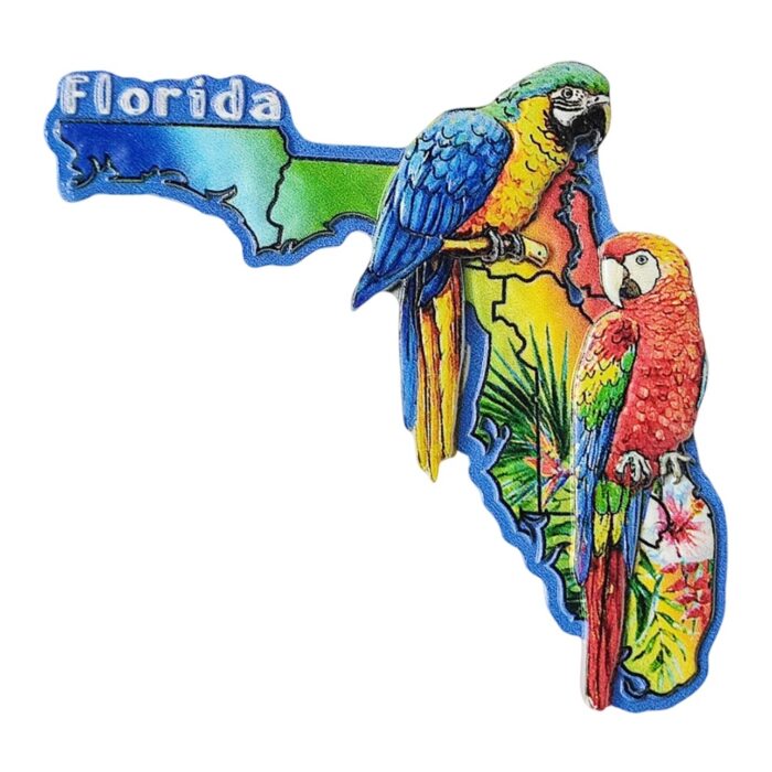 florida usa fridge magnet – colorful map with tropical parrots travel gift & beach vibes decor