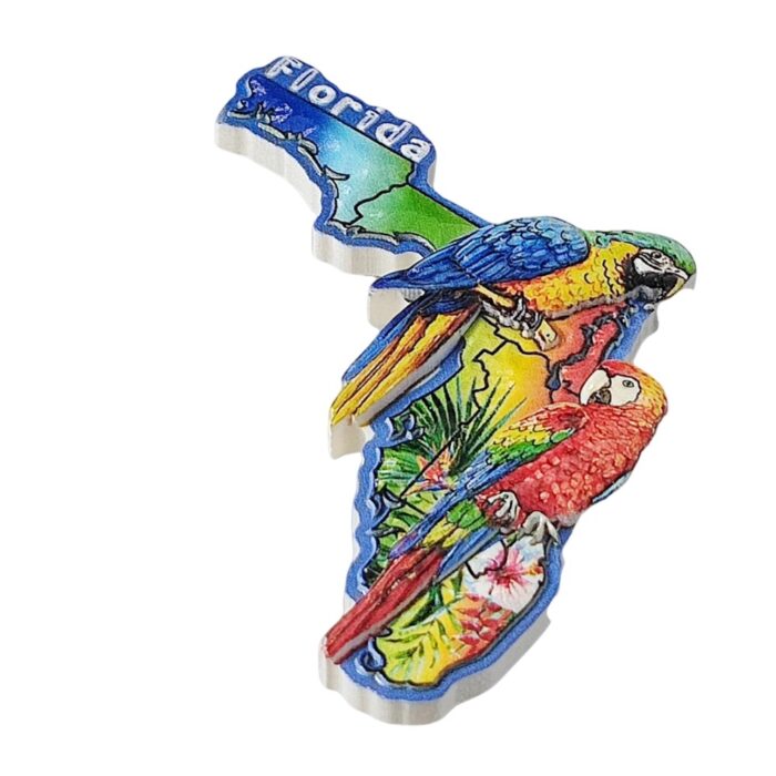 florida usa fridge magnet – colorful map with tropical parrots travel gift & beach vibes decor