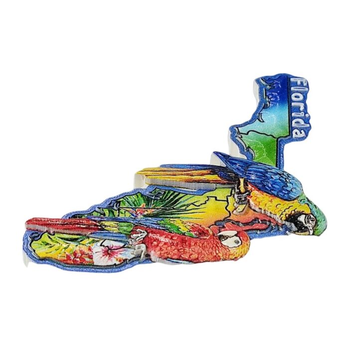 florida usa fridge magnet – colorful map with tropical parrots travel gift & beach vibes decor
