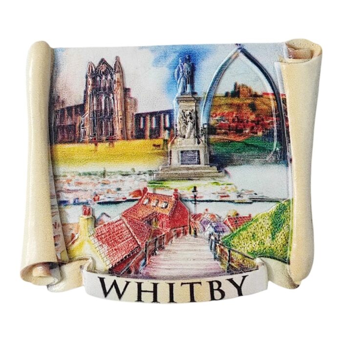 whitby uk fridge magnet – vintage scroll style english seaside town travel souvenir with abbey view