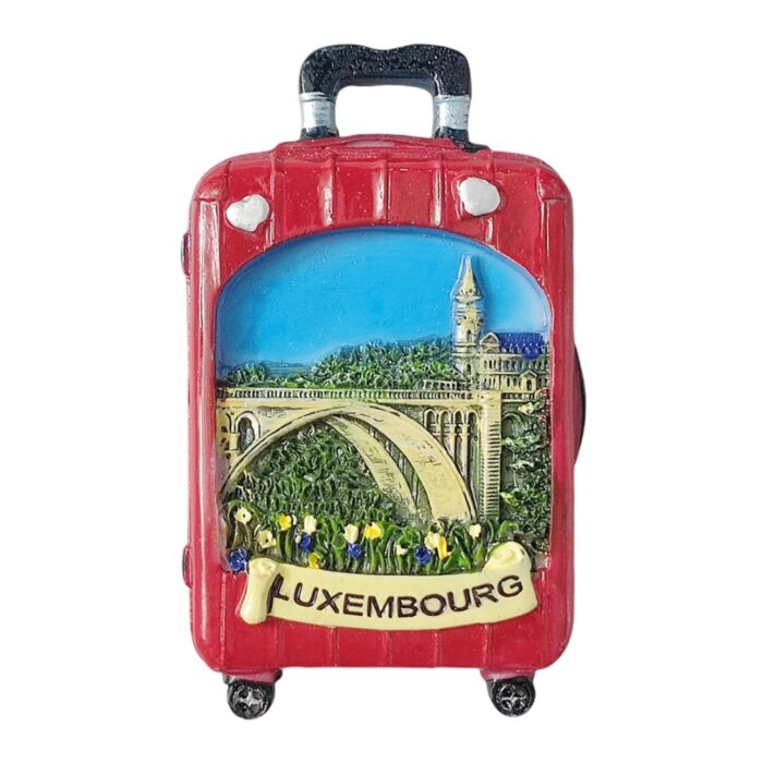 luxembourg fridge magnet – red suitcase travel keepsake with iconic bridge view & european city charm