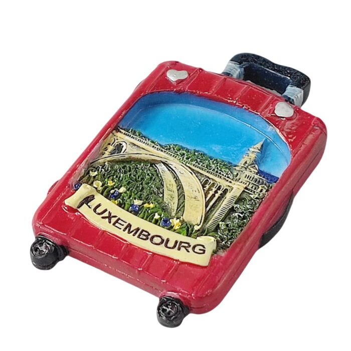 luxembourg fridge magnet – red suitcase travel keepsake with iconic bridge view & european city charm