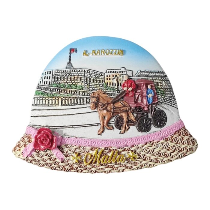 malta fridge magnet – horse carriage ‘karozzin’ souvenir with coastal city view & straw hat design
