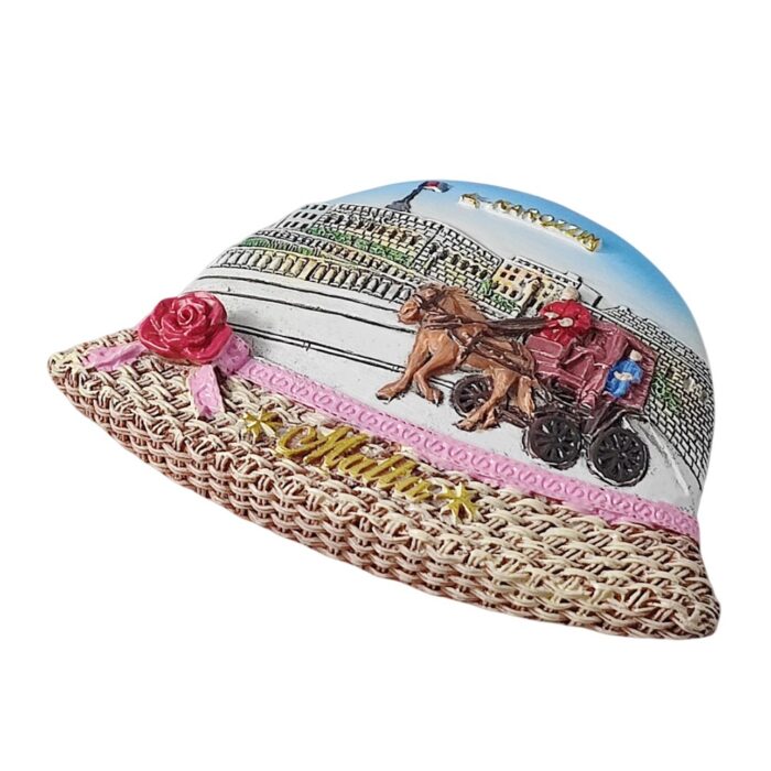 malta fridge magnet – horse carriage ‘karozzin’ souvenir with coastal city view & straw hat design