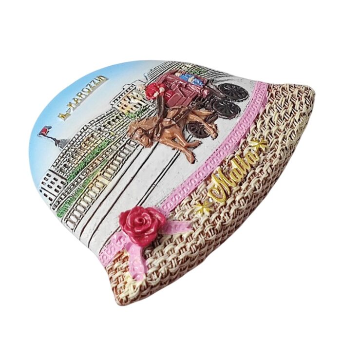 malta fridge magnet – horse carriage ‘karozzin’ souvenir with coastal city view & straw hat design