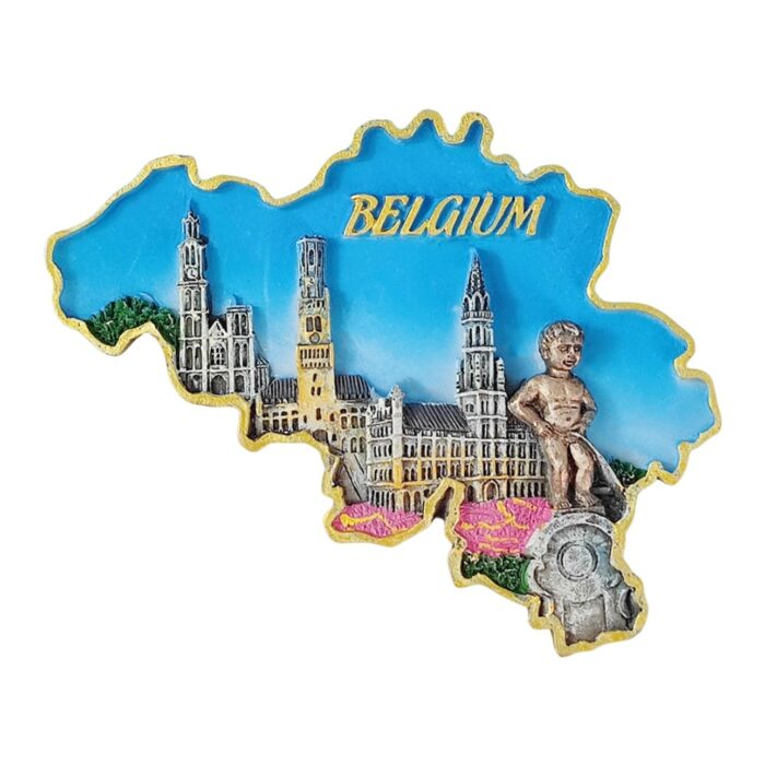 belgium fridge magnet – country map with historic buildings & manneken pis travel keepsake decor