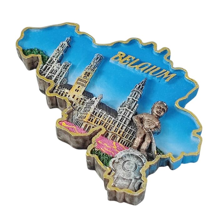 belgium fridge magnet – country map with historic buildings & manneken pis travel keepsake decor