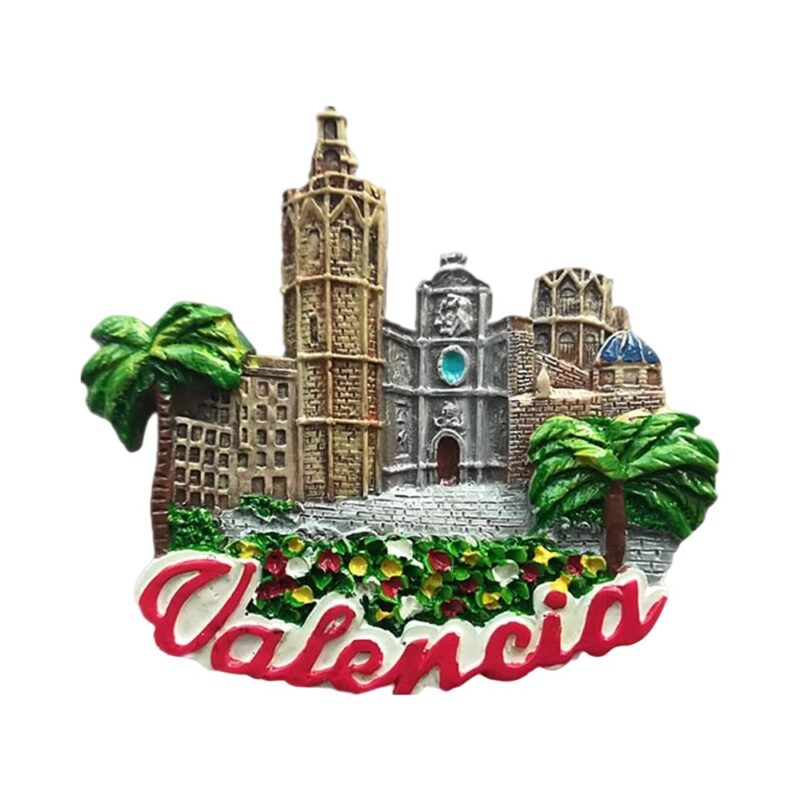 valencia spain fridge magnet – cathedral & palm garden scene – spanish souvenir for travel & kitchen display