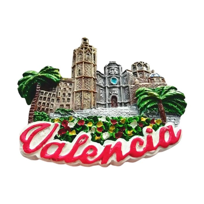 valencia spain fridge magnet – cathedral & palm garden scene – spanish souvenir for travel & kitchen display