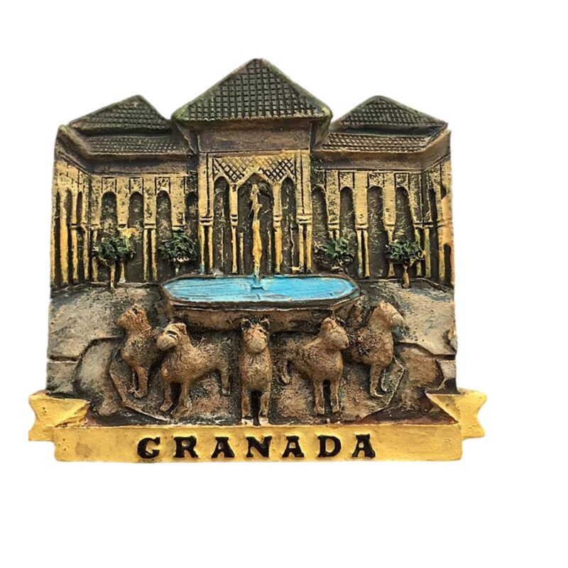 granada spain fridge magnet – alhambra lion fountain design, moorish palace architecture souvenir for collectors