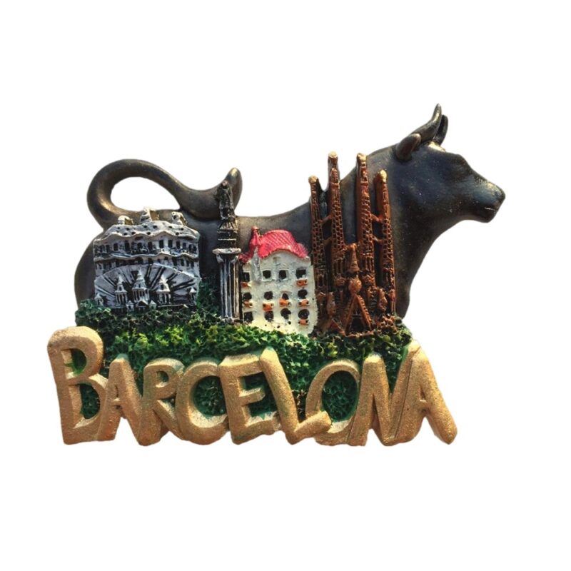 barcelona spain fridge magnet – spanish bull with famous landmarks, cultural icon souvenir & collectible decoration