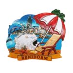 benidorm spain fridge magnet – beach & skyline scene with dolphin, mediterranean vacation gift & summer decor
