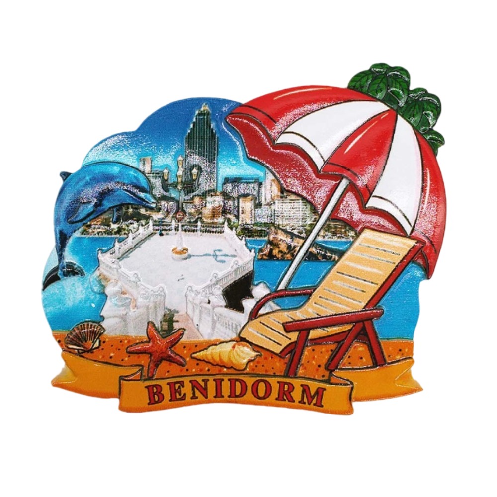benidorm spain fridge magnet – beach & skyline scene with dolphin, mediterranean vacation gift & summer decor