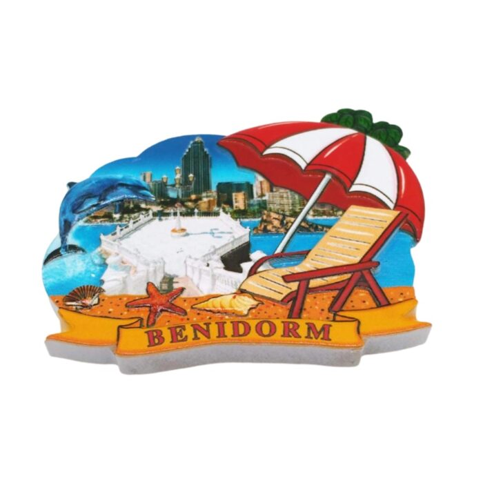 benidorm spain fridge magnet – beach & skyline scene with dolphin, mediterranean vacation gift & summer decor
