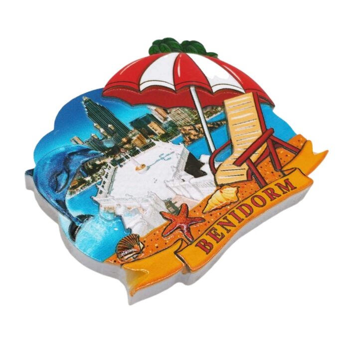 benidorm spain fridge magnet – beach & skyline scene with dolphin, mediterranean vacation gift & summer decor