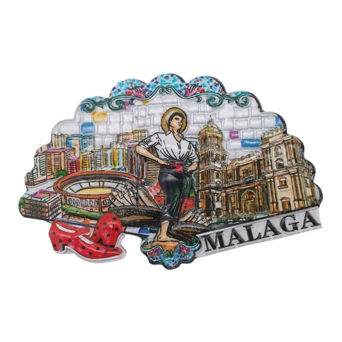 malaga spain fridge magnet – flamenco spirit with city and cathedral, colorful travel keepsake & festive decor