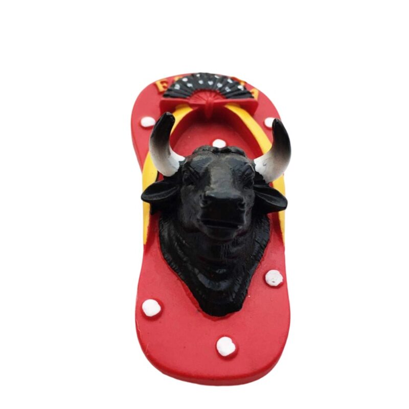 españa bull head fridge magnet – red flip flop design with fan & horns, fun cultural spain gift for tourists