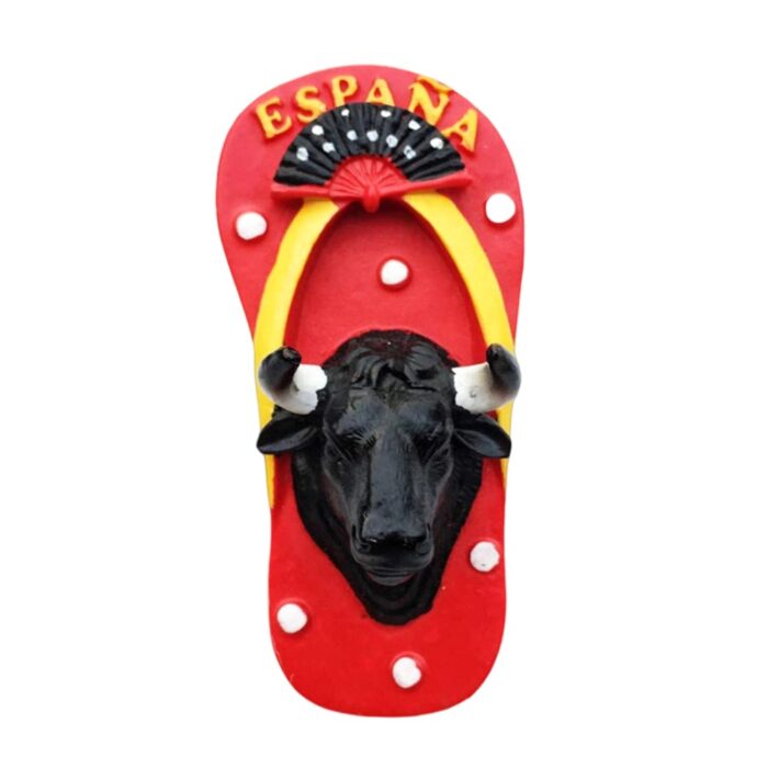 españa bull head fridge magnet – red flip flop design with fan & horns, fun cultural spain gift for tourists
