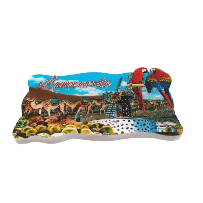 lanzarote spain fridge magnet camel safari & tropical parrot scene travel gift for magnetic boards