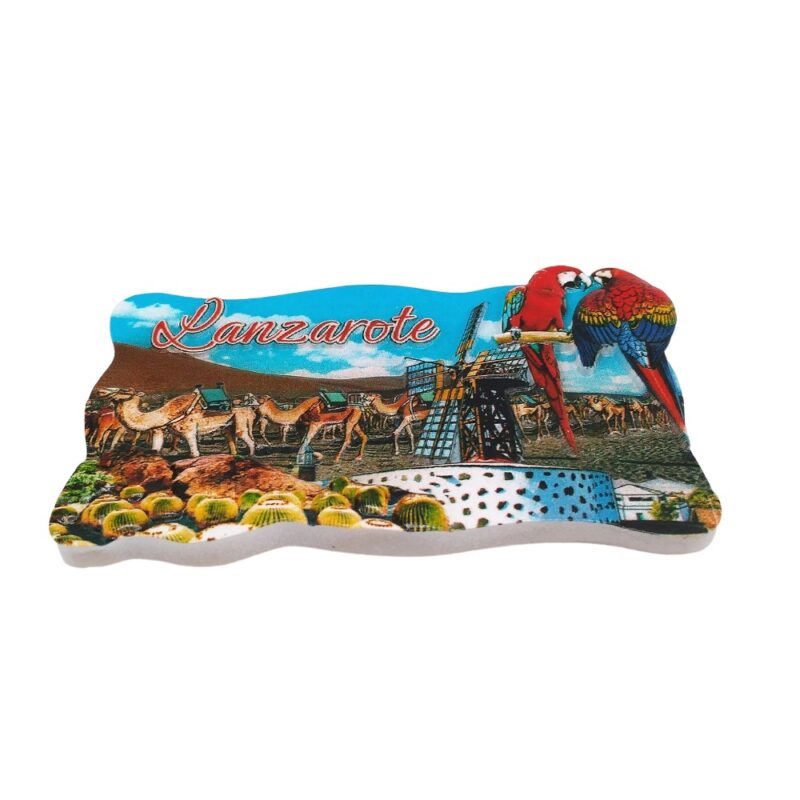 lanzarote spain fridge magnet camel safari & tropical parrot scene travel gift for magnetic boards