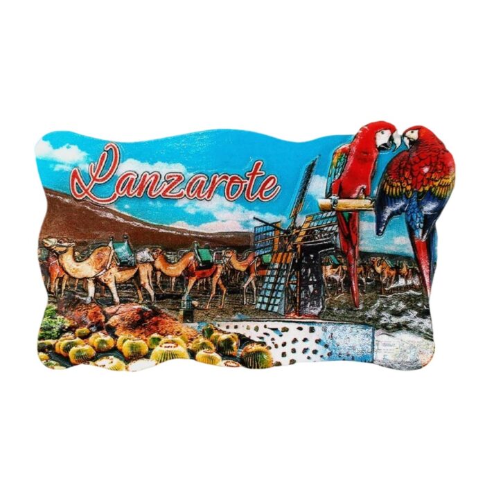 lanzarote spain fridge magnet camel safari & tropical parrot scene travel gift for magnetic boards