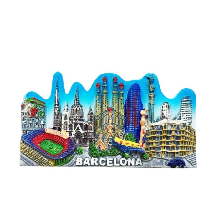 barcelona spain city view fridge magnet – full landmark skyline with gaudí art, football stadium, beach & more