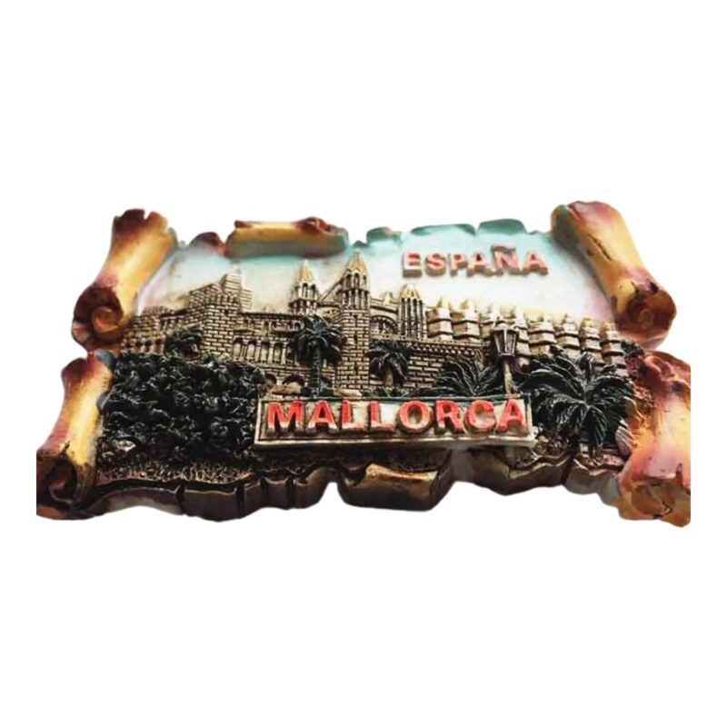 mallorca spain fridge magnet – scroll shaped island souvenir with gothic cathedral & palm tree decor