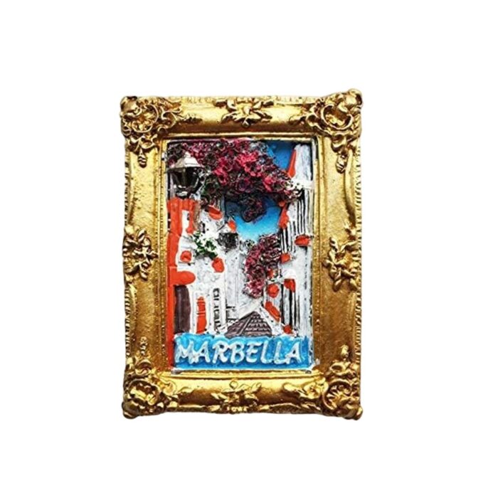 marbella spain fridge magnet golden frame mediterranean street scene magnet for artistic decor