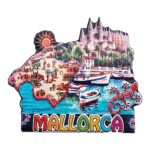 mallorca spain fridge magnet – island map & port scene travel souvenir with boats & cultural icons – colorful holiday décor