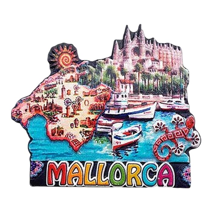 mallorca spain fridge magnet – island map & port scene travel souvenir with boats & cultural icons – colorful holiday décor