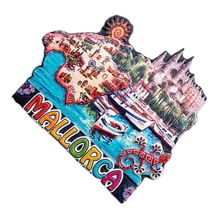 mallorca spain fridge magnet – island map & port scene travel souvenir with boats & cultural icons – colorful holiday décor