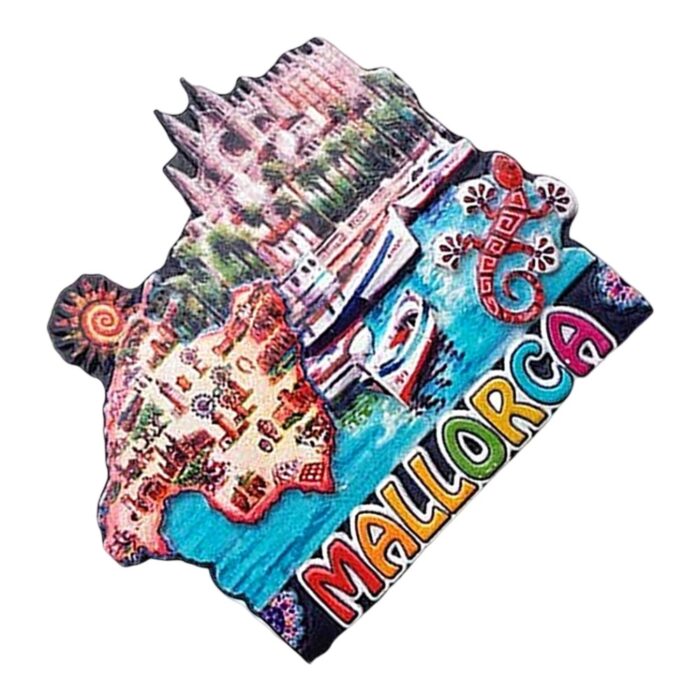 mallorca spain fridge magnet – island map & port scene travel souvenir with boats & cultural icons – colorful holiday décor