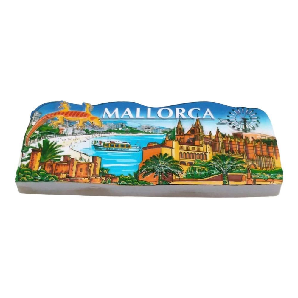 mallorca spain fridge magnet – colorful beach & cathedral scene souvenir with gecko – coastal charm decor