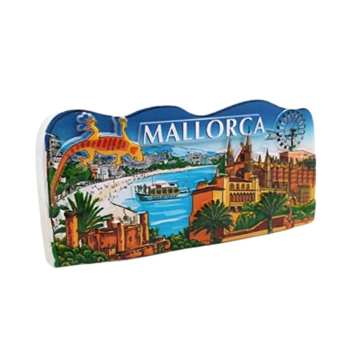 mallorca spain fridge magnet – colorful beach & cathedral scene souvenir with gecko – coastal charm decor