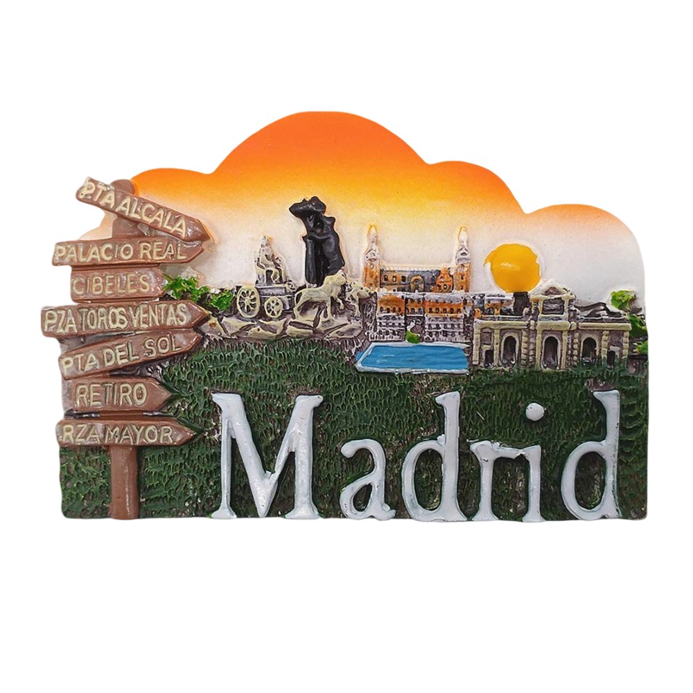 madrid spain fridge magnet – iconic landmarks souvenir with sunset skyline – spanish heritage decor