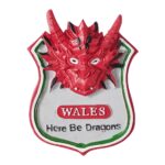 wales fridge magnet – fierce red dragon shield design travel souvenir with ‘here be dragons’ flair