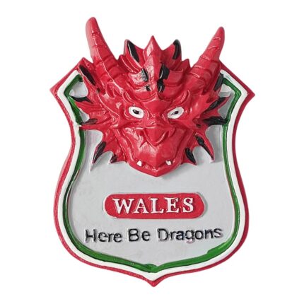 wales fridge magnet – fierce red dragon shield design travel souvenir with ‘here be dragons’ flair