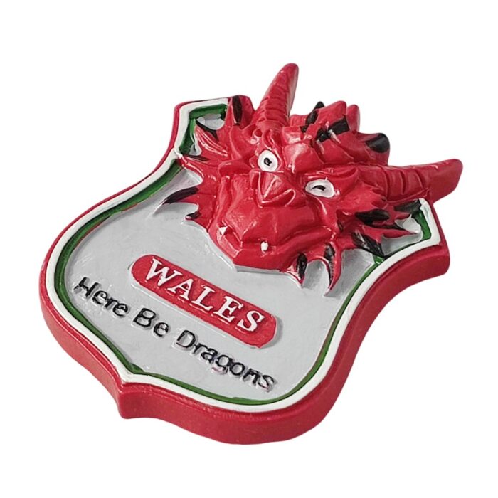 wales fridge magnet – fierce red dragon shield design travel souvenir with ‘here be dragons’ flair