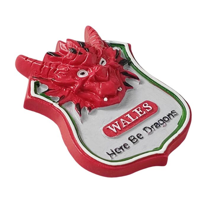 wales fridge magnet – fierce red dragon shield design travel souvenir with ‘here be dragons’ flair